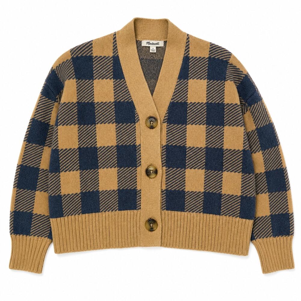 Madewell Cardigan Button Up blue and tan checkered Academia Collegiate women S